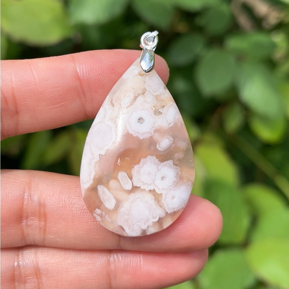 Sterling silver 925 stamped pink flower agate pendant 0969